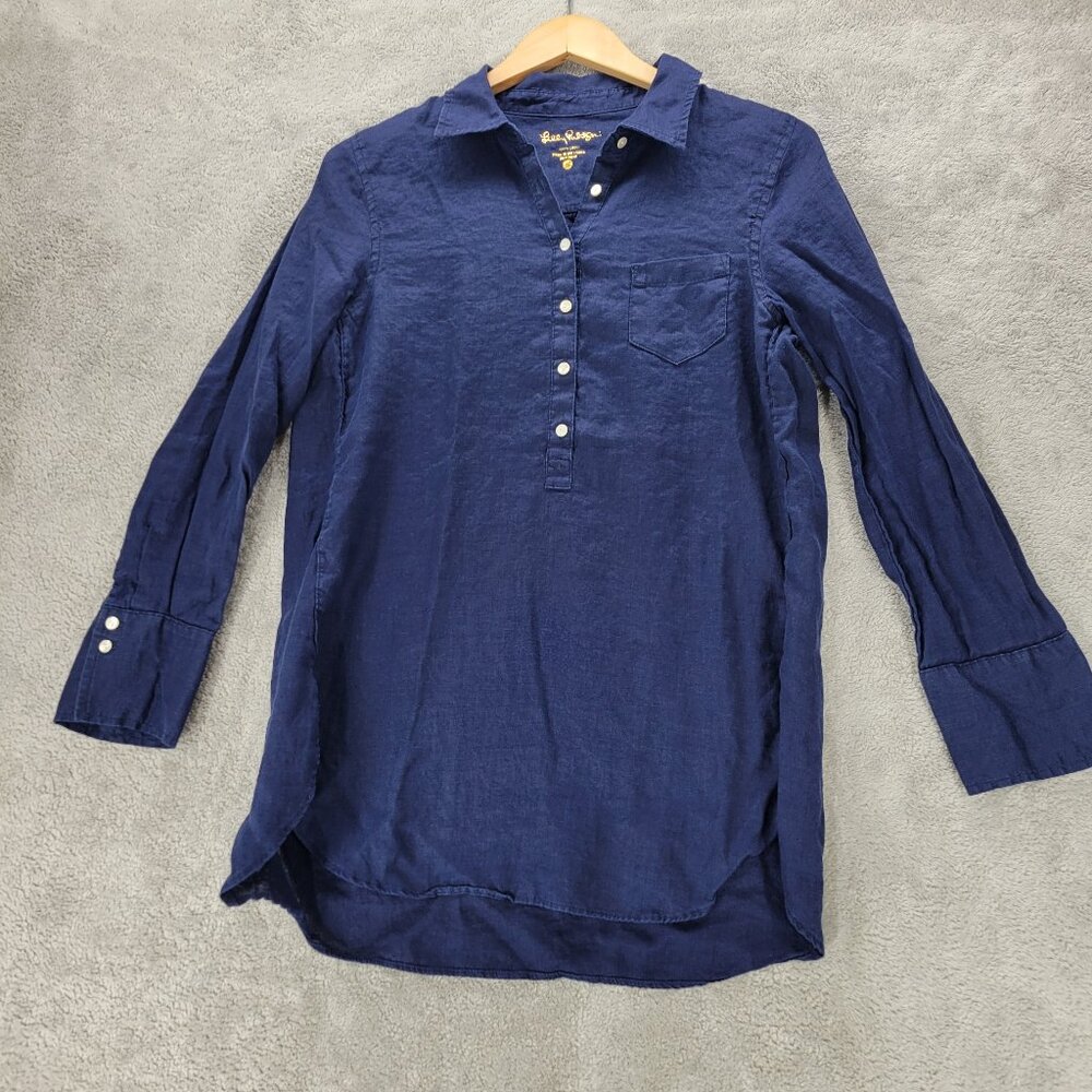 Lilly Pulitzer	Deanna Linen Popover 100% Linen Long Sleeve Navy Women's Size 6